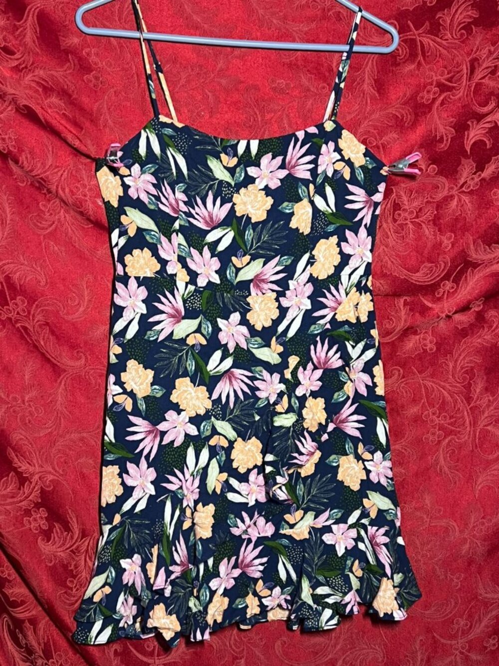 Lulus Floral Ruffle Hem Cami Mini Dress Navy Yellow Size M